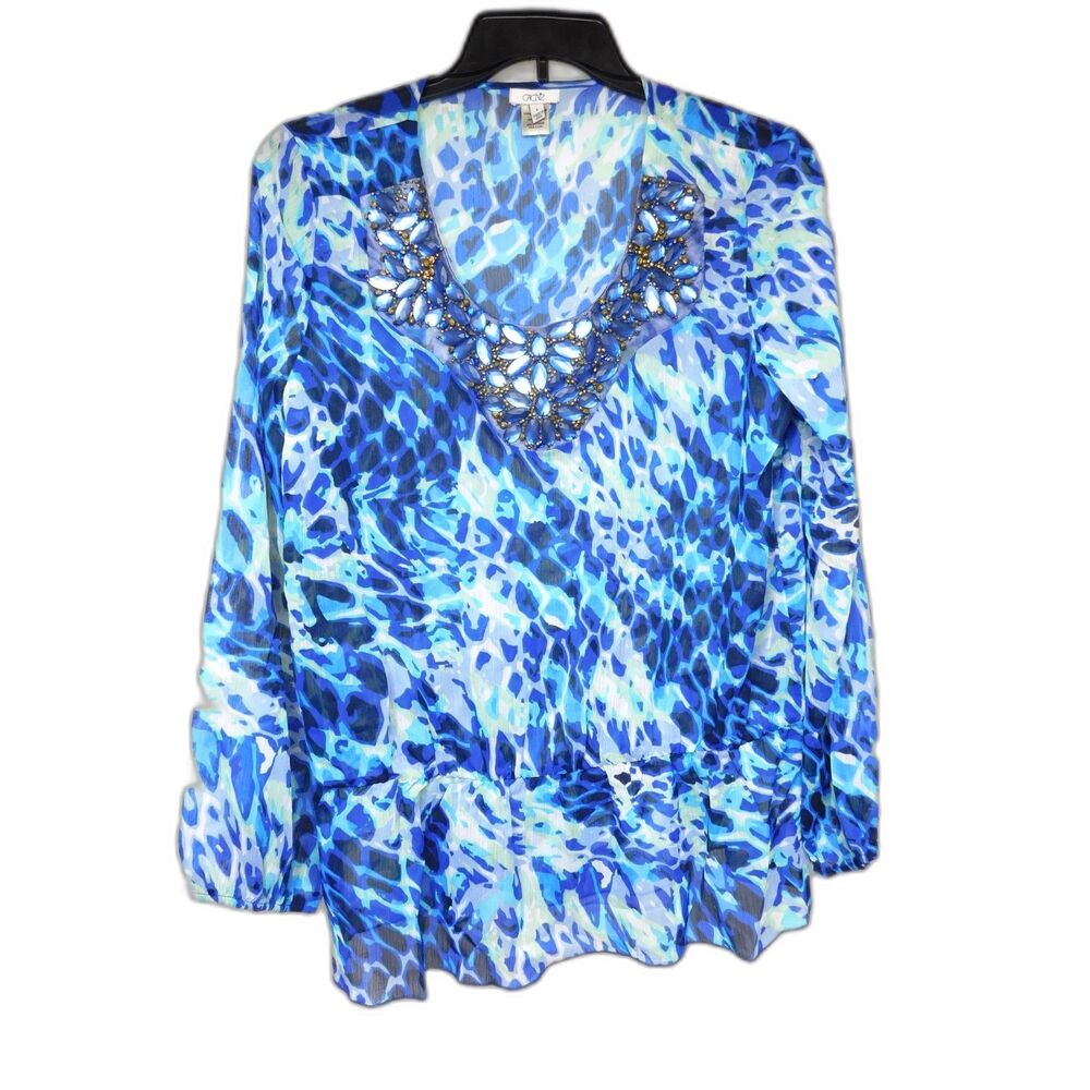 Cache Woman's Beaded Sheer Peasant Top Blue Abstract Leopard Print Sz. L Boho